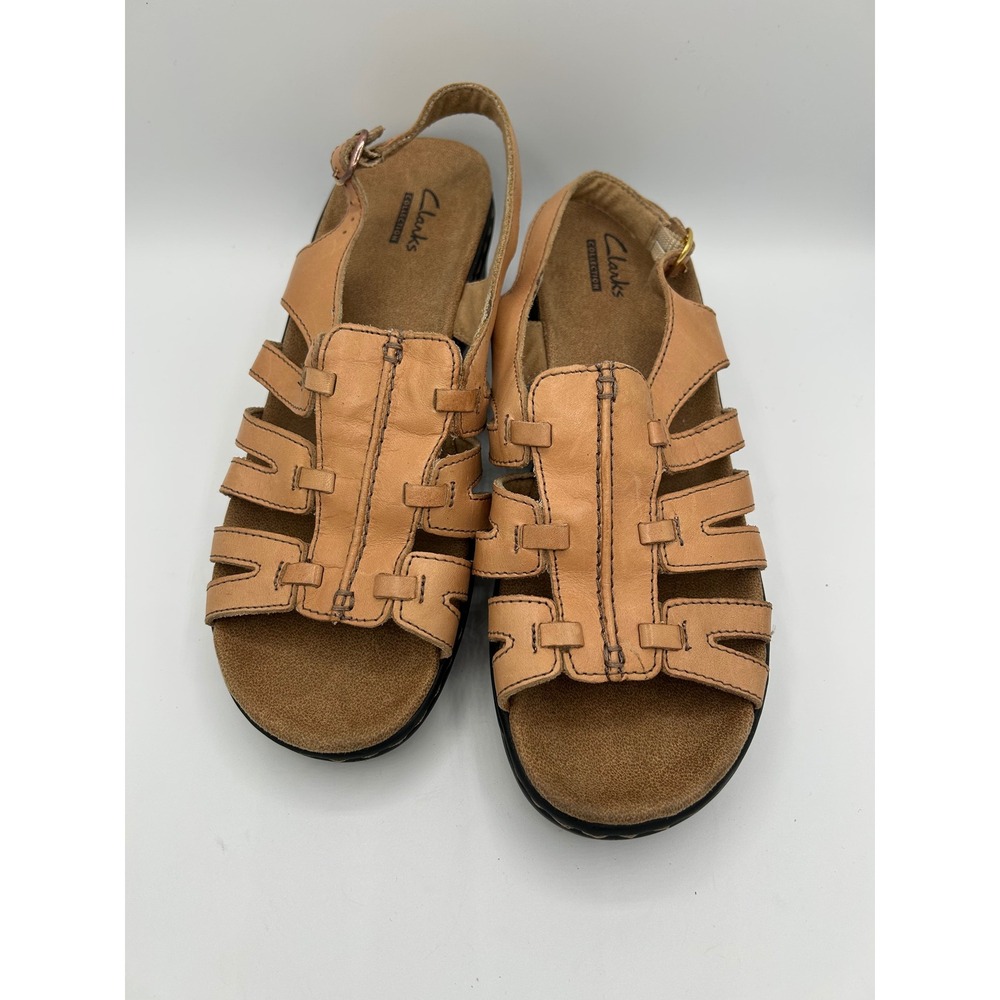 Clarks Collection Women Size 8W Tan Leather Fisherman Slingback Wedge‎ Sandals